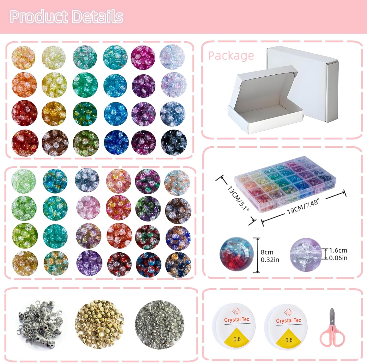 1300PCS 8mm Mixed Crackle Glass Beads for Bracelets Making with Accessories, 48 Colors Crystal Glass Beads Jewelry