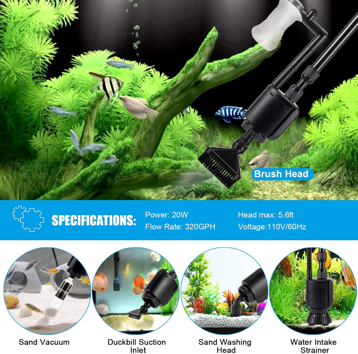 Aquarium Gravel Cleaner, 6-in-1 Fish Tanks Gravel Vacuum Cleaner Set | Remove Dirt, Change Water, Wash Sand, Water