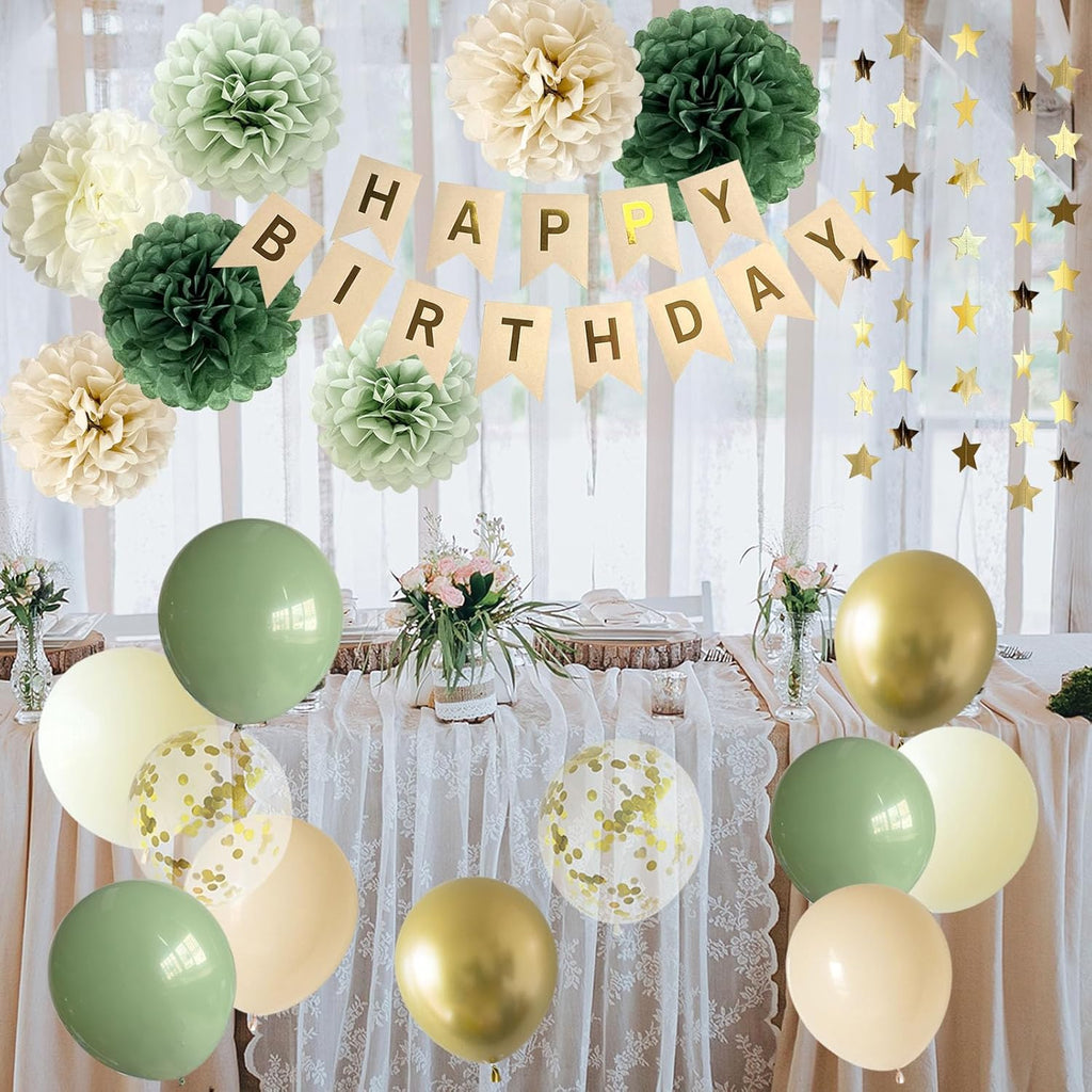 Sage Green Happy Birthday Party Decorations Retro Green Nude Ivory Dark Olive Kraft Paper Banner Balloons Neutral