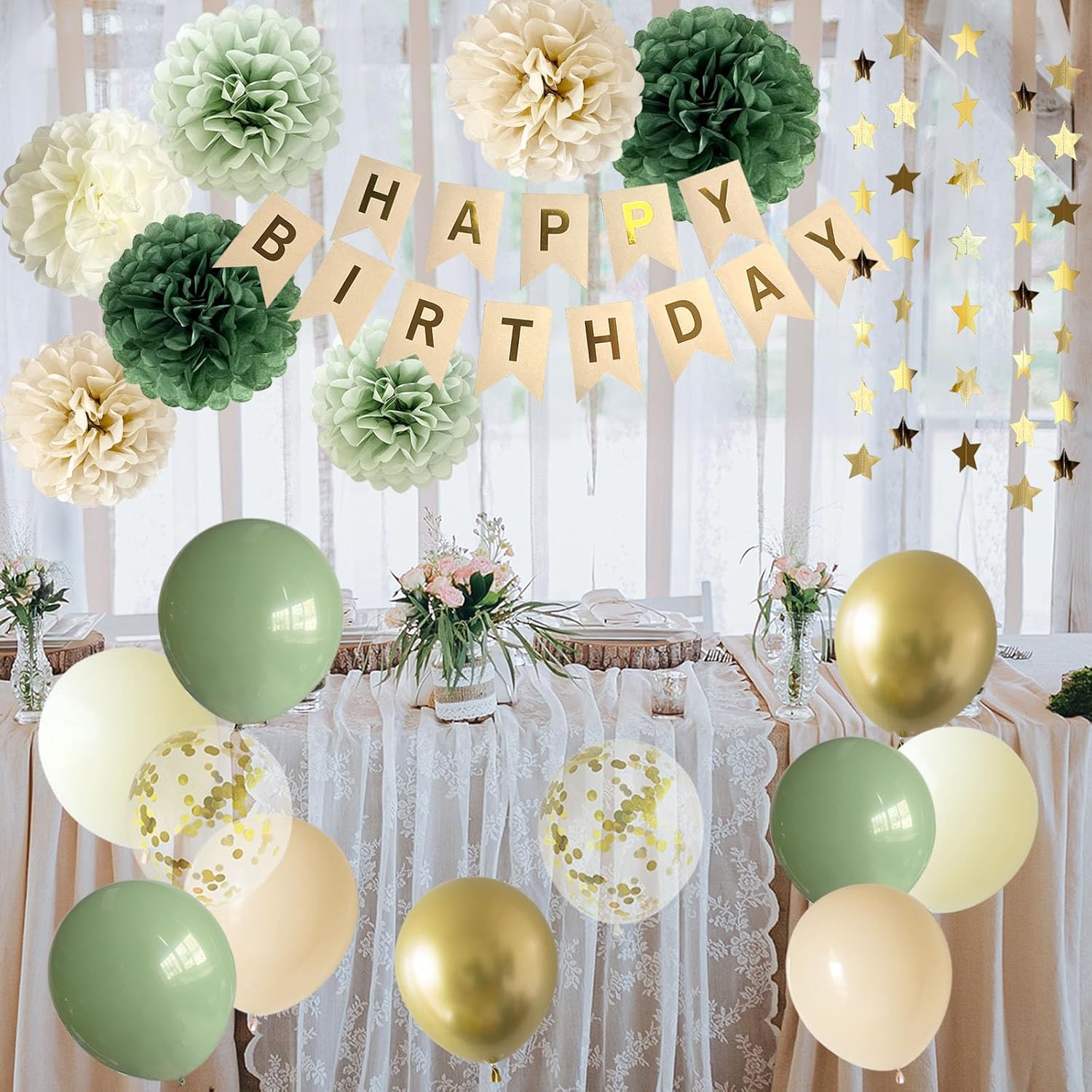 Sage Green Happy Birthday Party Decorations Retro Green Nude Ivory Dark Olive Kraft Paper Banner Balloons Neutral