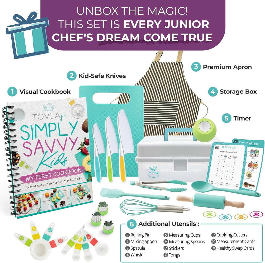 JR Kids Real Cooking and Baking Ultimate Gift Set | Montessori Kid-Safe Knives, Apron, Visual Cookbook, Timer