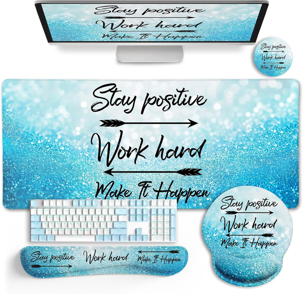 Desk Mat Pad Set, Large Mouse Pad with Wrist Rest, Stay Positive | Ergonomic Mouse Pad, Gaming Computer Keyboard Mat