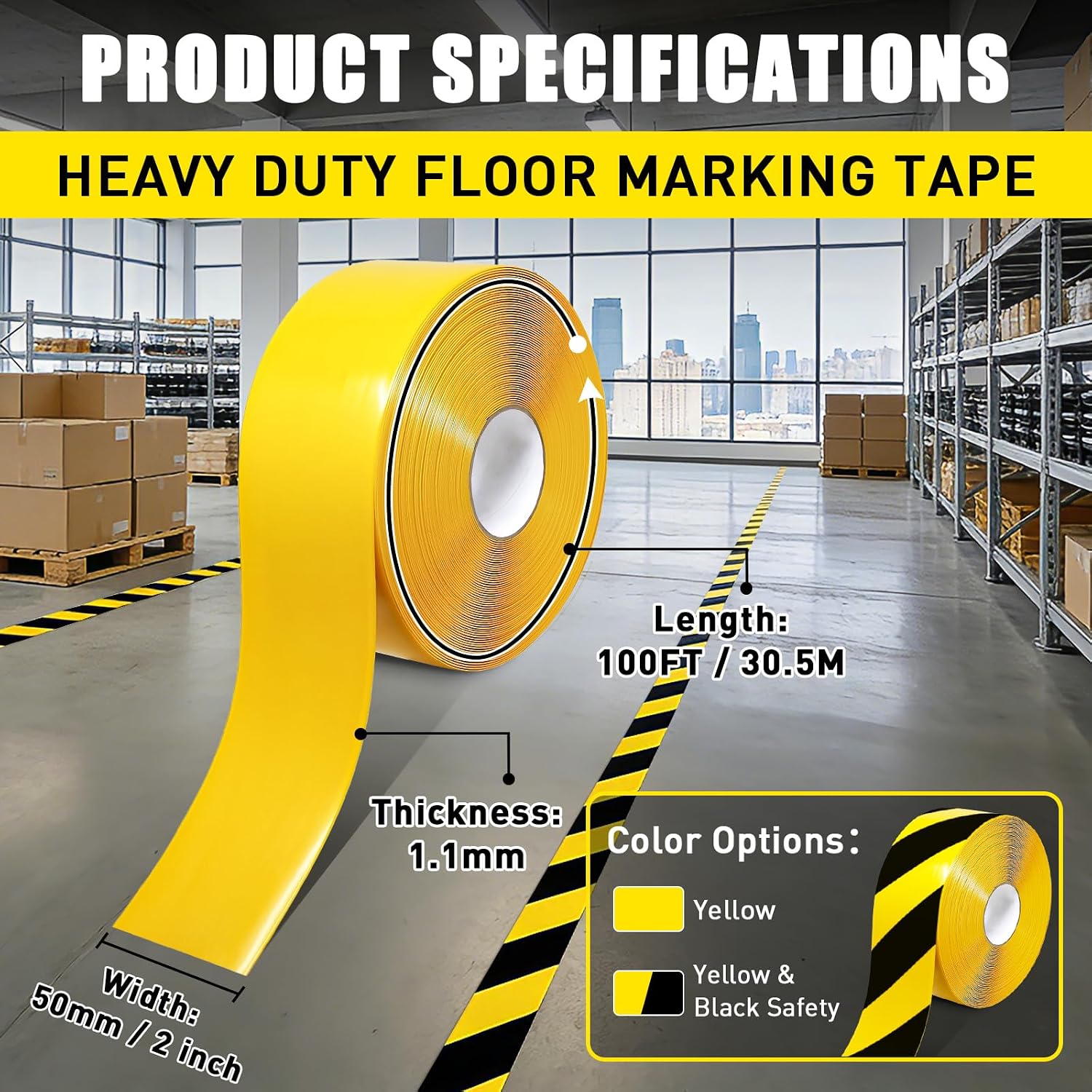 Floor Marking Tape, 1.1mm Extra Thick, Yellow, 2 Inch x 100FT | Heavy Duty Safety Tape, High Visibility Industrial
