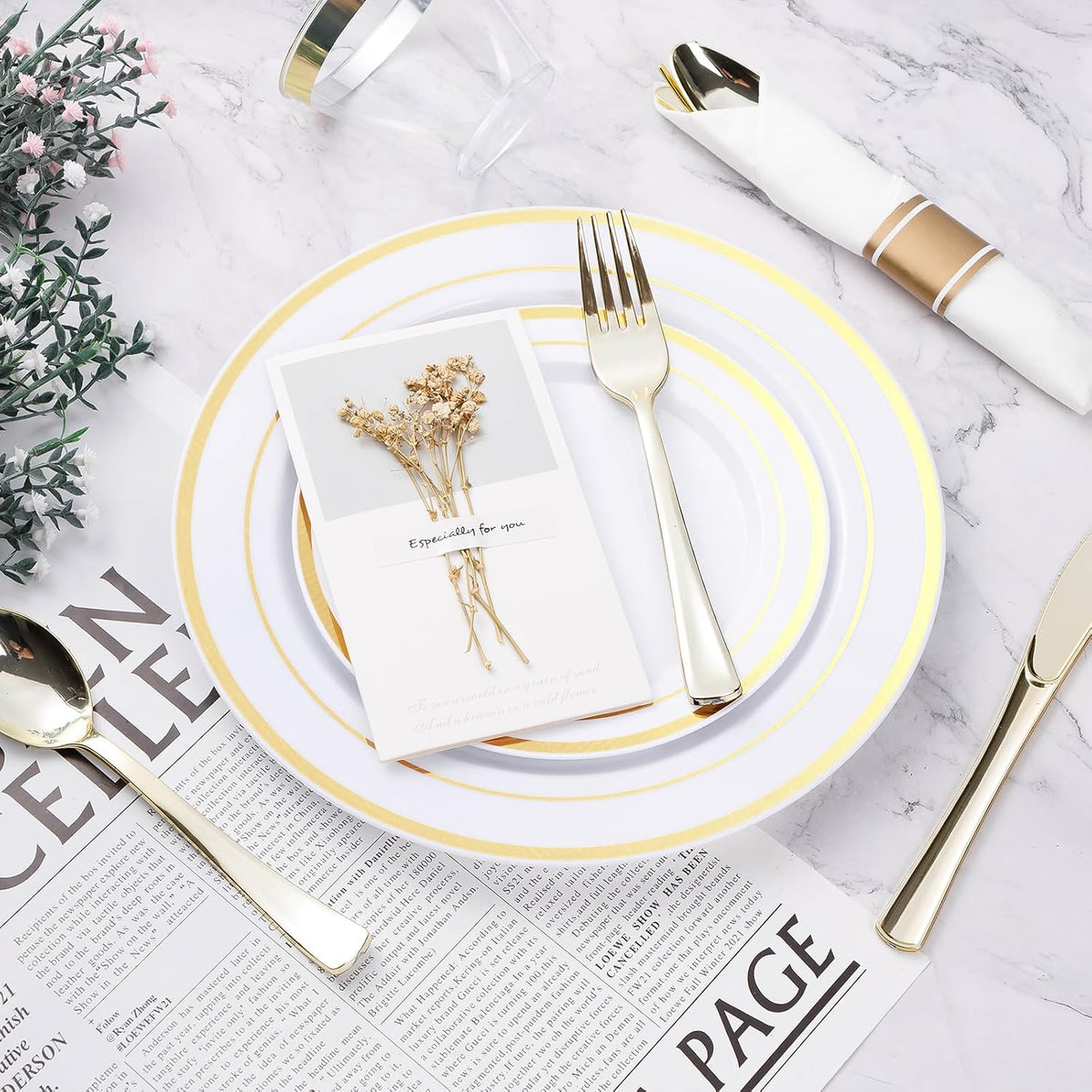 350 Piece Gold Plastic Dinnerware Set for 50 Guests