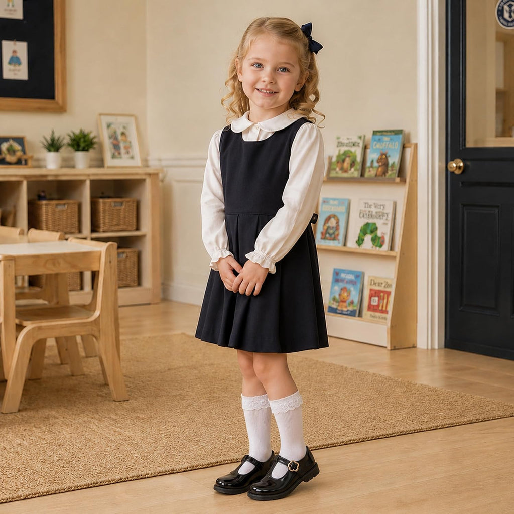 Toddler Girls Mary Jane Flats with Adjustable Hook-and-Loop Girls Party School Uniform Loafer Shoes