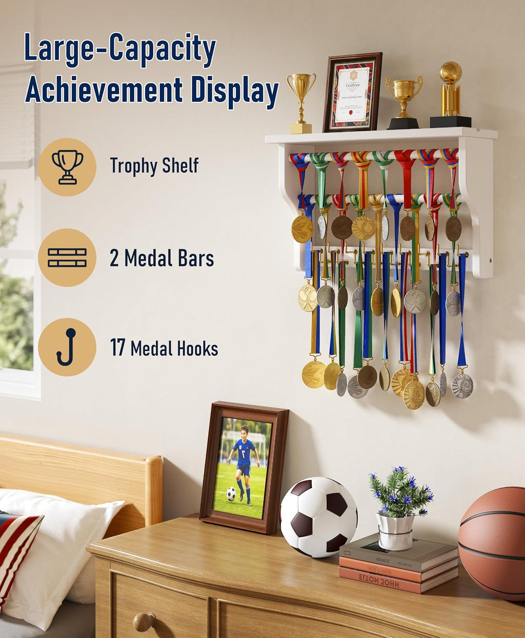 Medal Hanger Display, 3-Tier Solid Wood Trophy Shelf Rack | Medal Holder,2 Medal Bars,17 Metal Hooks,Heavy Duty