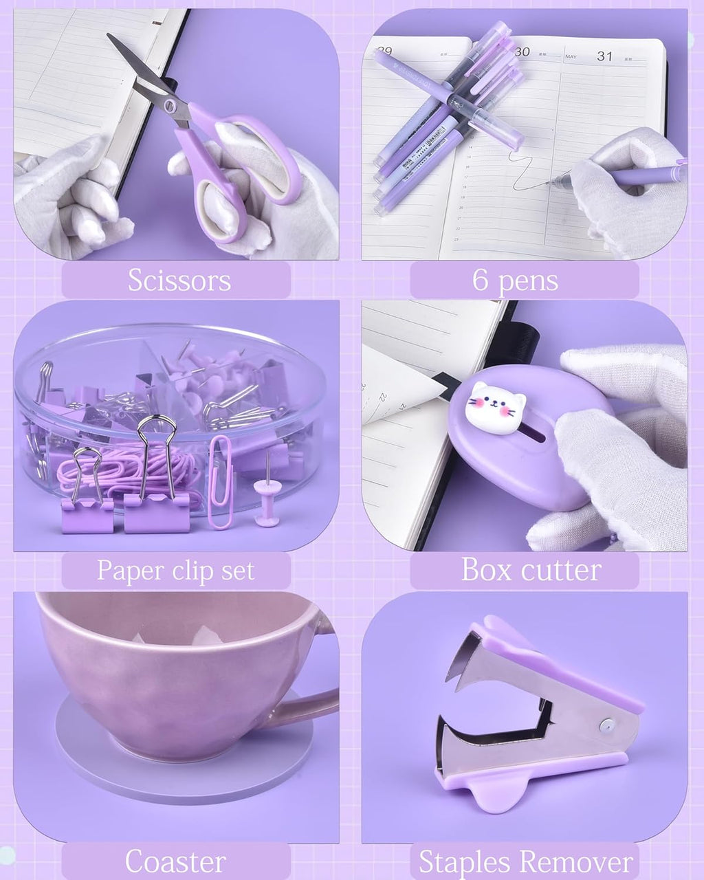 Purple Desk Accessories and Organizers with Desk Organizer and 360°Rotating Pen Holder stapler Pen and a Lot of