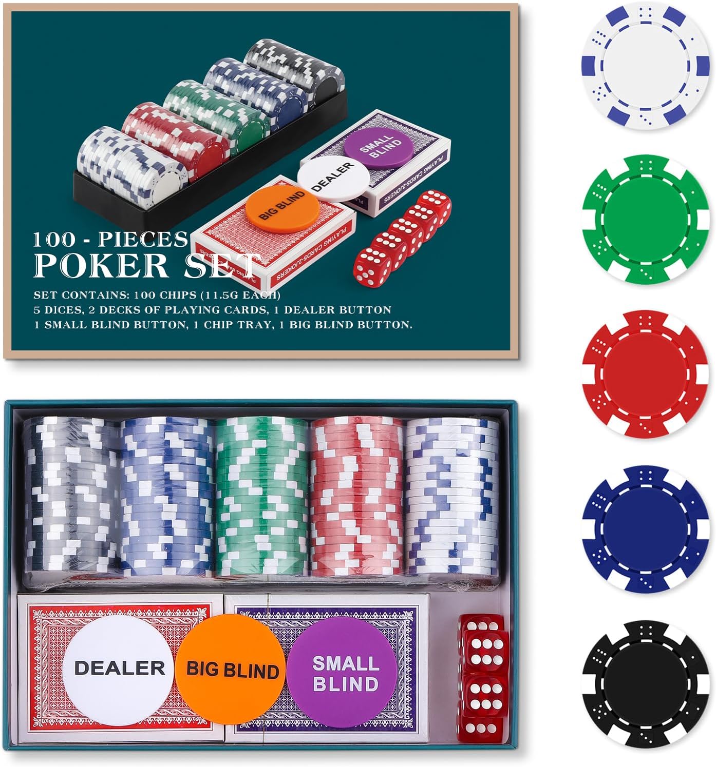 Poker Chip Travel Set, 100PCS 5 Color Professional Poker Chips in Cardboard Gift Box, 11.5 Gram Clay Composite Casino