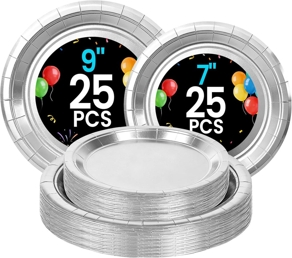 Silver Paper Plates - Disposable Plates for Party, 25-9" & 25-7"