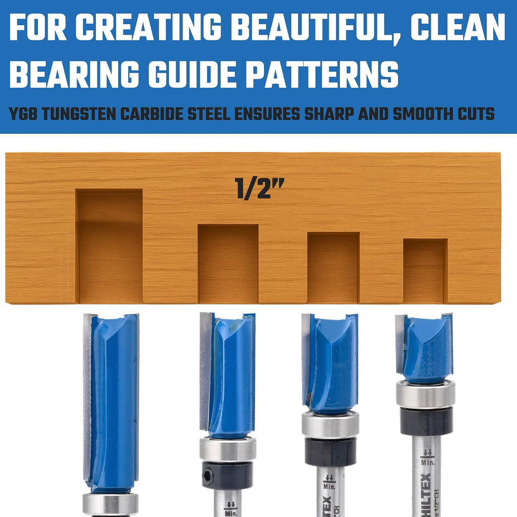 10103H Bottom Bearing Pattern Flush Trim Router Bit Set, 4 Pieces, 1/4 Inch Shank, CNC Woodworking Tool, 1/2" Cutting