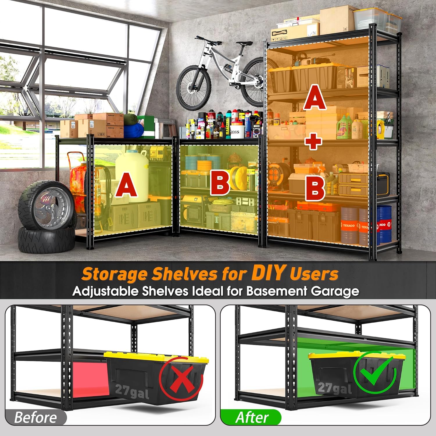 2400LBS Storage Shelves 5 Tier Garage Shelving Heavy Duty, Adjustable Metal Shelving Unit,Garage Shelves for