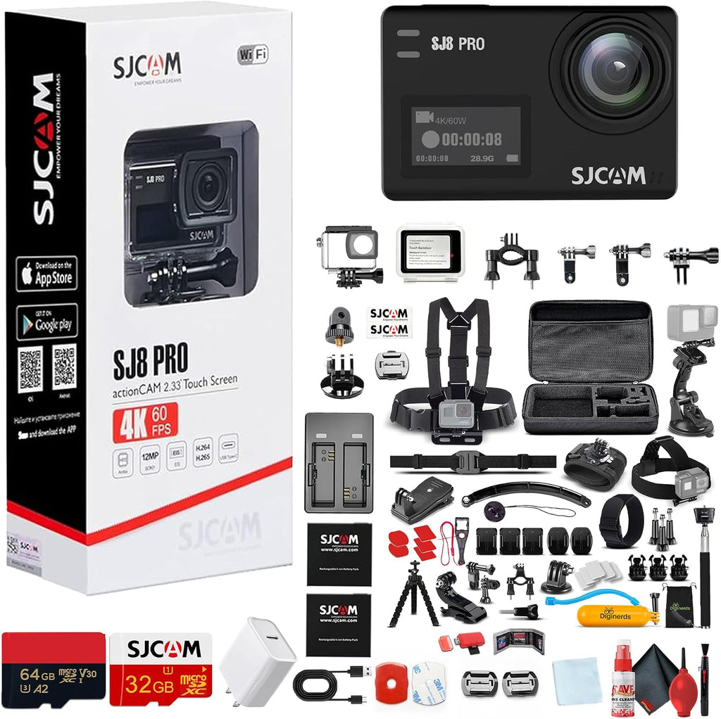 SJ8 Pro 4K UHD Action Camera | Touchscreen Gyro Stabilization Cam with Dual Screens Waterproof Case External Mic