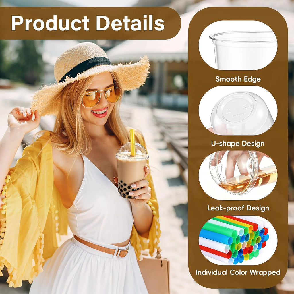 50Pack 16oz Plastic Boba Cups with Dome Lids and Colorful Straws