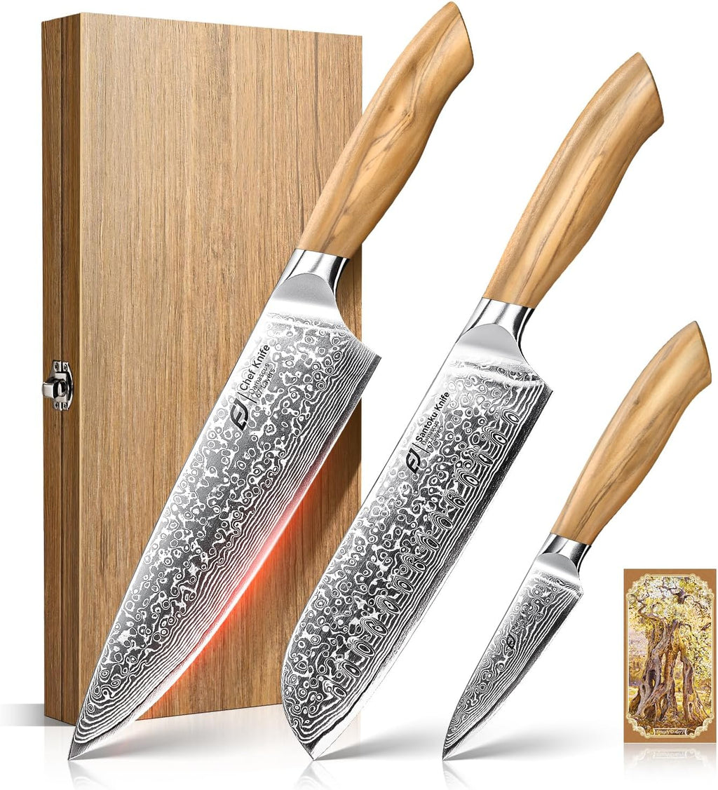 3-Piece Japanese Damascus Steel Knife Set, Olive Wood Handle & Box