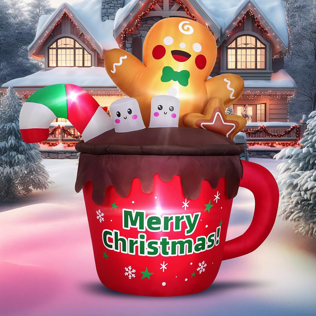 6FT Christmas Inflatables Outdoor Decorations, Gingerbread Christmas Inflatable Hot Cocoa Mug with Built-in LEDs Blow
