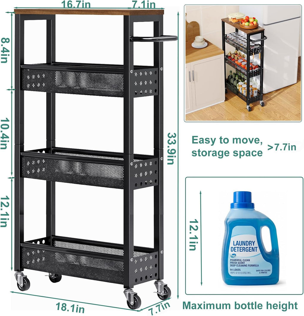 Utility Slim Rolling Cart with Table Top, Narrow Laundry Room Organization and Storage Shelves for Between Washer and