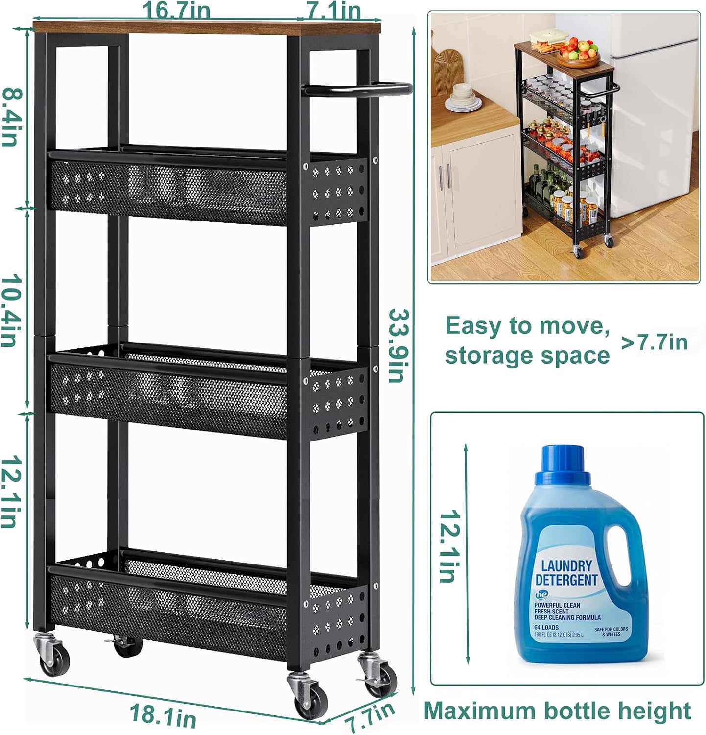 Utility Slim Rolling Cart with Table Top, Narrow Laundry Room Organization and Storage Shelves for Between Washer and