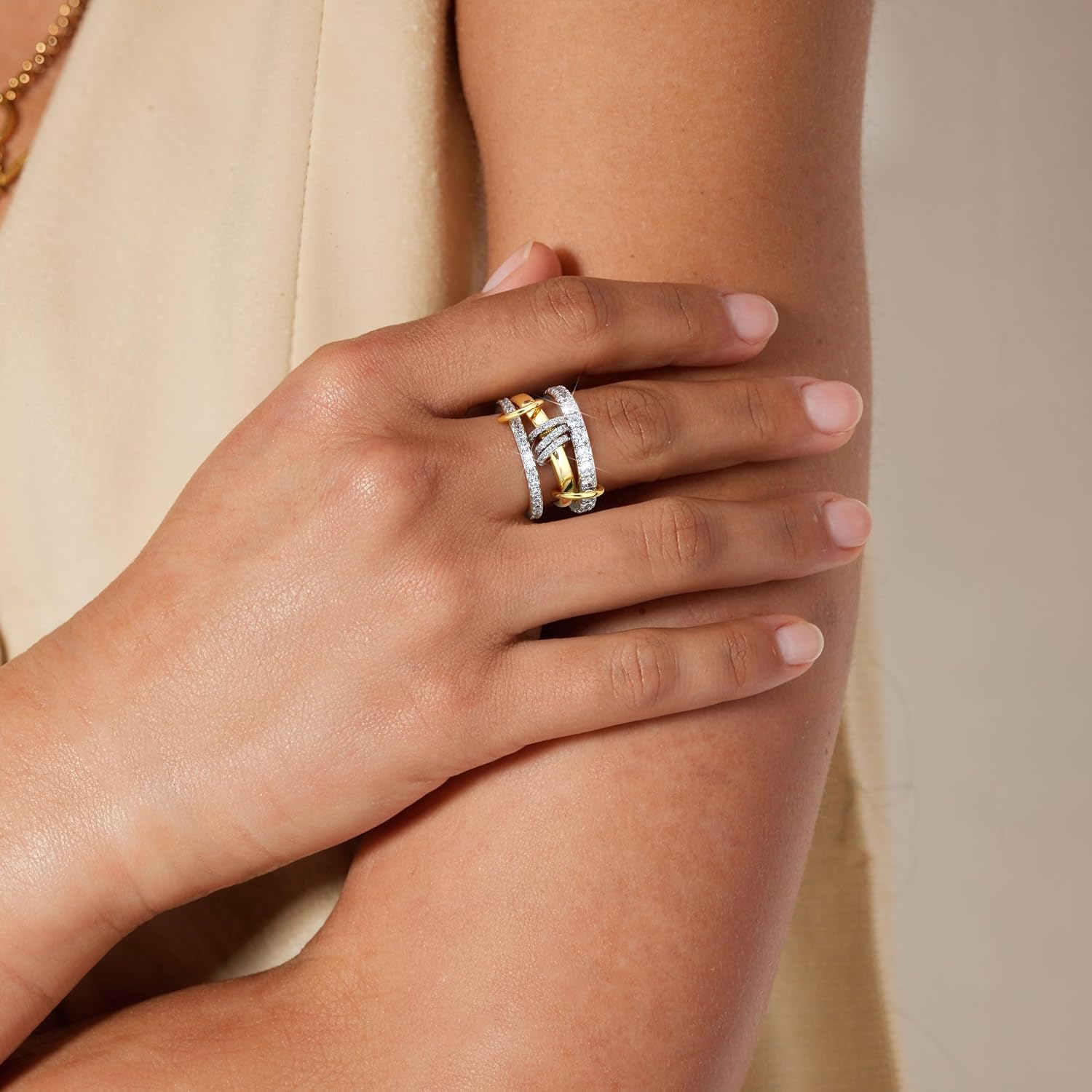 Gold Stackable Rings for Women Non Tarnish 18K Gold Plated Interlocked Stack Rings Set Silver Gold Mixed Metals Multi