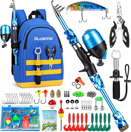 Kids Fishing Pole, Telescopic Fishing Rod and Reel Combo, Fishing Gear Kit with Backpack, Tackle Box, Spincast Reel