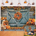 Fall Thanksgiving Backdrop Rustic Barn Door Autumn Pumpkin Harvest Photography Background Maple Leaves Garland