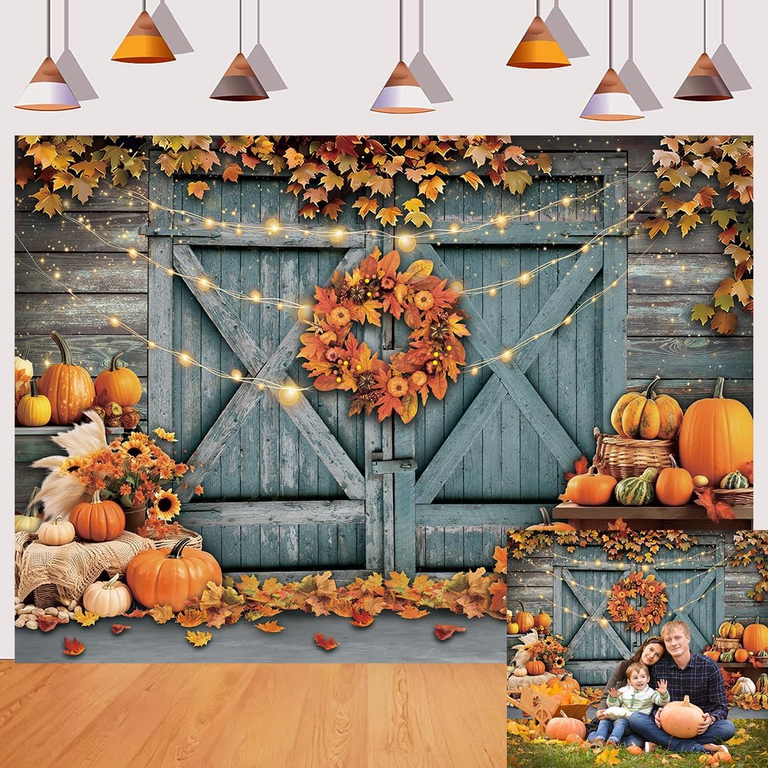 Fall Thanksgiving Backdrop Rustic Barn Door Autumn Pumpkin Harvest Photography Background Maple Leaves Garland