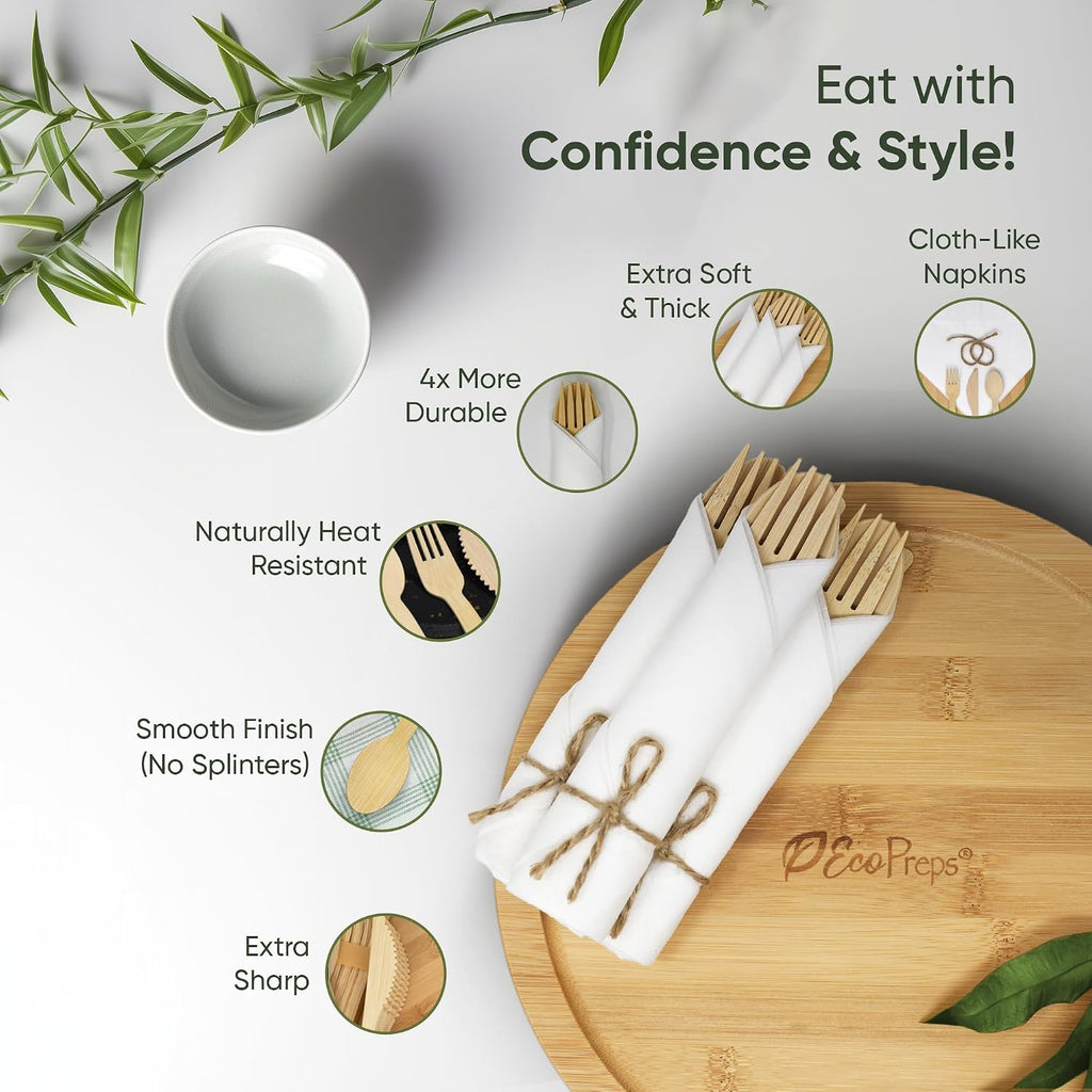Premium Pre-Rolled Napkin and Bamboo Cutlery Set, 50 Pack, 200 PCS
