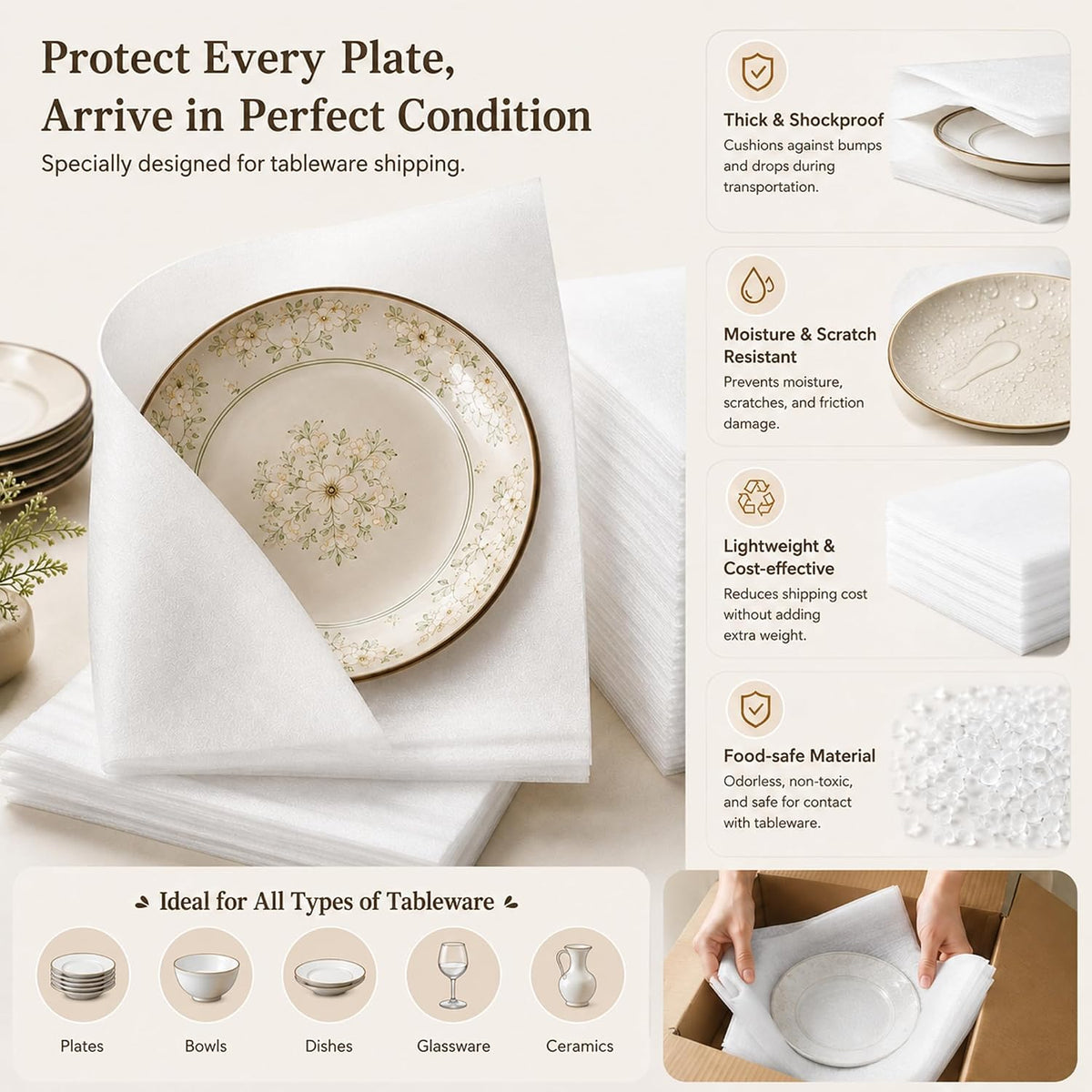 160pcs Dish Packing Supplies for Moving, 3 Size Foam Pouches&sheets