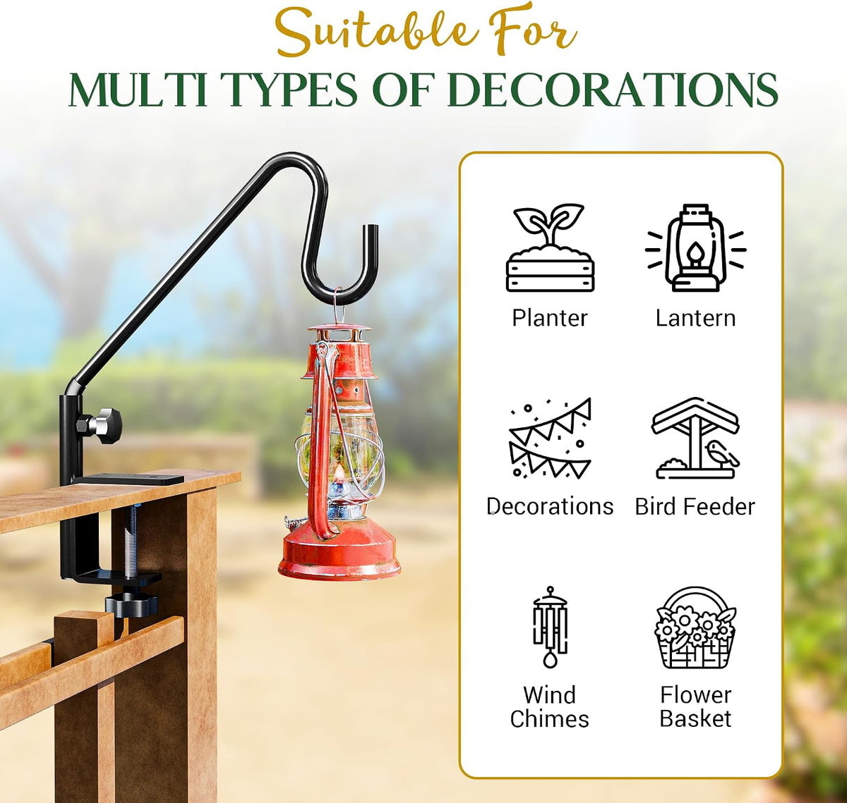 Deck Bird Feeder Hanger for Railing, 11inch Deck Hook for Bird Feeder Pole, Durable 3 Layers Powder Coated & Sturdy 1