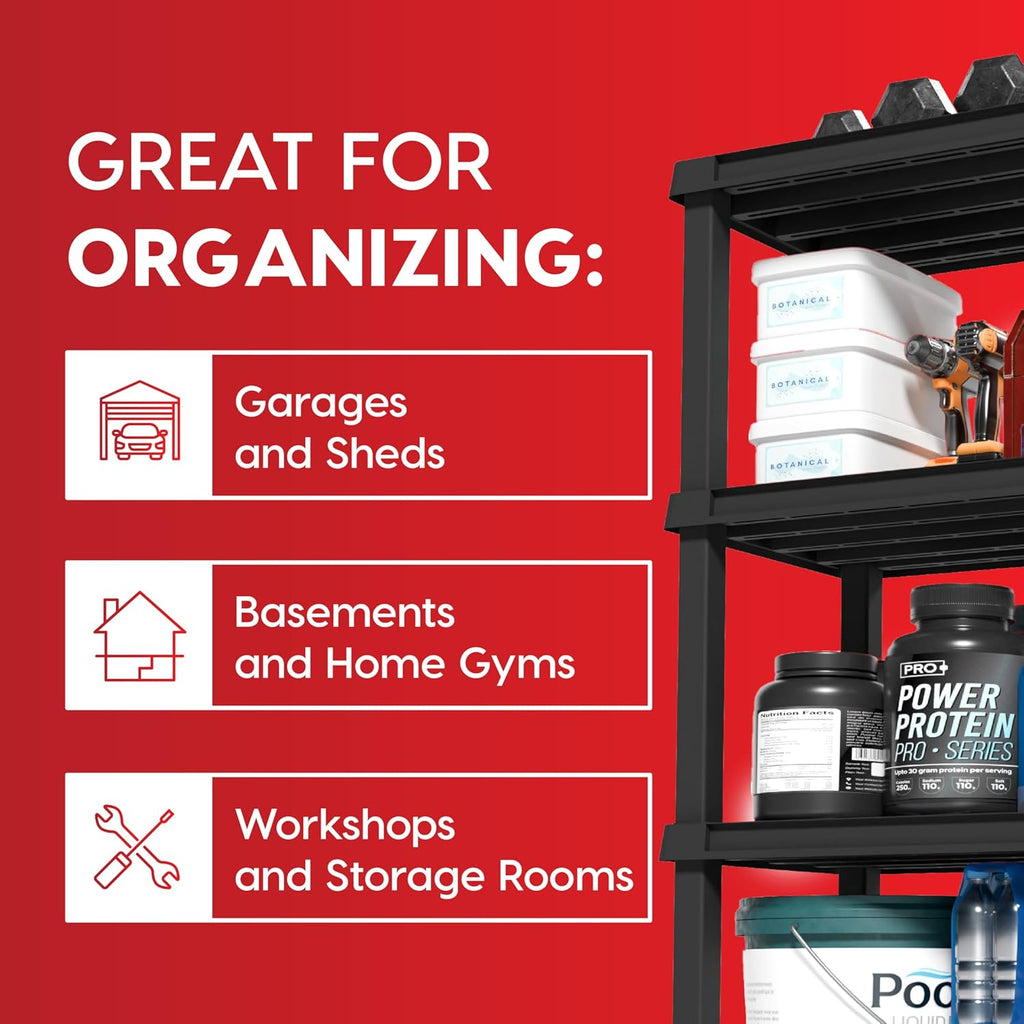4-Shelf Heavy Duty Plastic Storage Shelves, 600lb Capacity, 56" H x 36" W x 18" D, Large Modular Shelving Unit