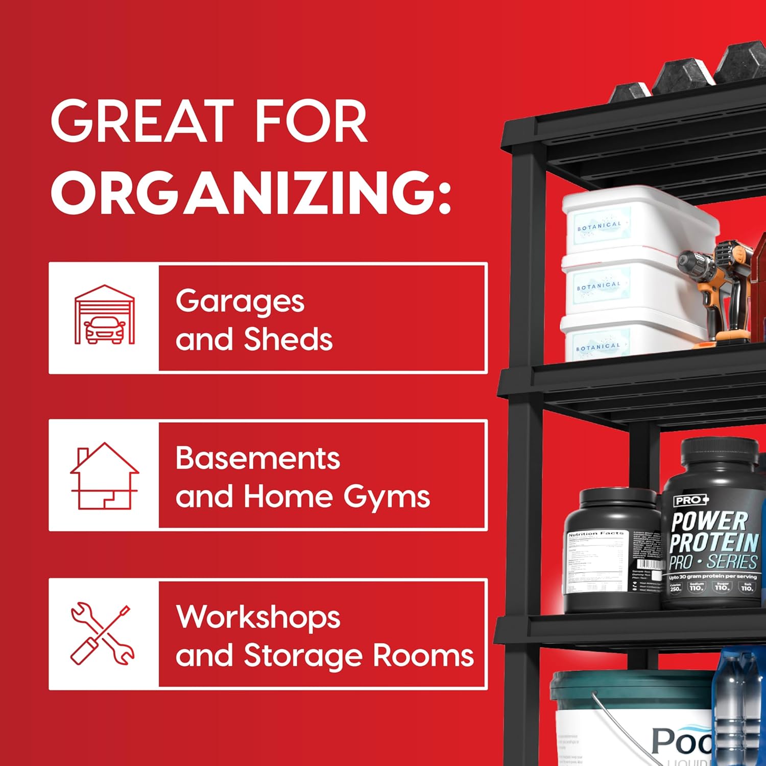 4-Shelf Heavy Duty Plastic Storage Shelves, 600lb Capacity, 56" H x 36" W x 18" D, Large Modular Shelving Unit