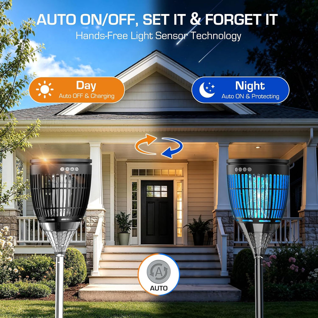 Solar Bug Zapper Outdoor, Mosquito Zapper with Flame & Projector Light | Auto On/Off, Waterproof Cordless Mosquito