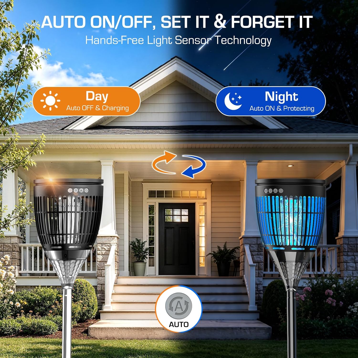 Solar Bug Zapper Outdoor, Mosquito Zapper with Flame & Projector Light | Auto On/Off, Waterproof Cordless Mosquito