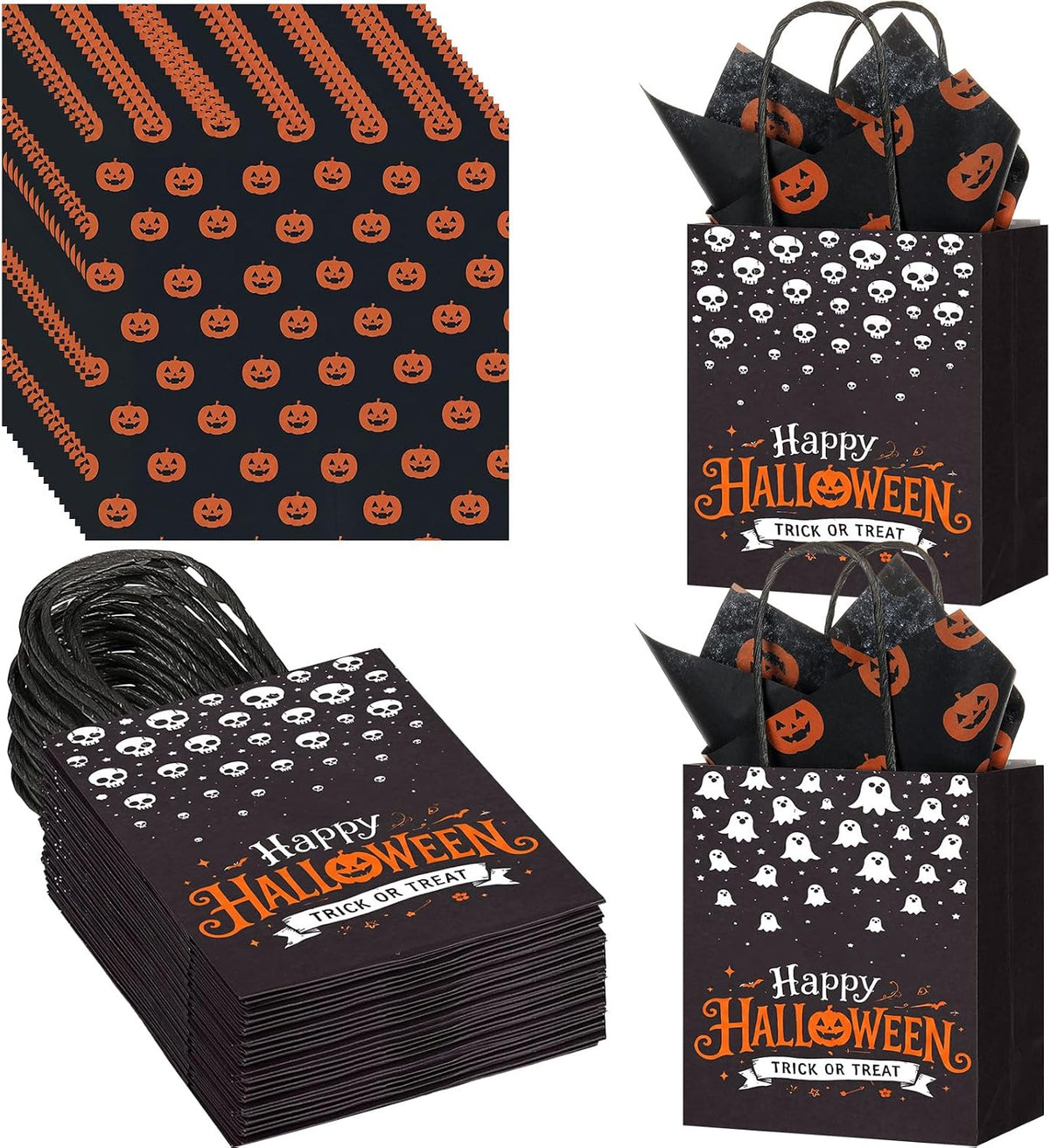 30 Pack Halloween Kraft Gift Bags with Handles Tissue Papers
