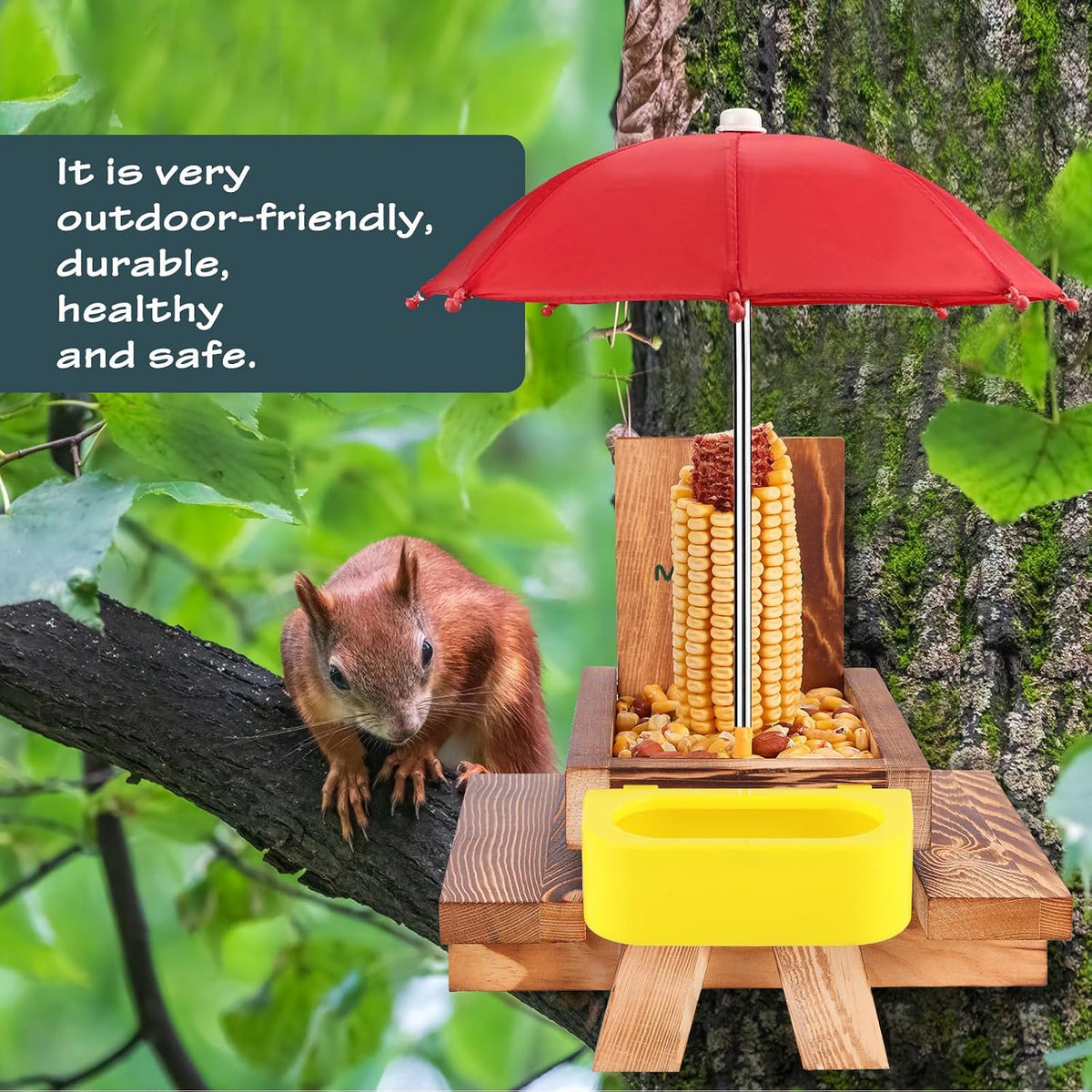 Wooden Squirrel Feeder Table with Water Bowl, Squirrel Picnic Table for Outside with Umbrella, Brown Squirrel Feeder