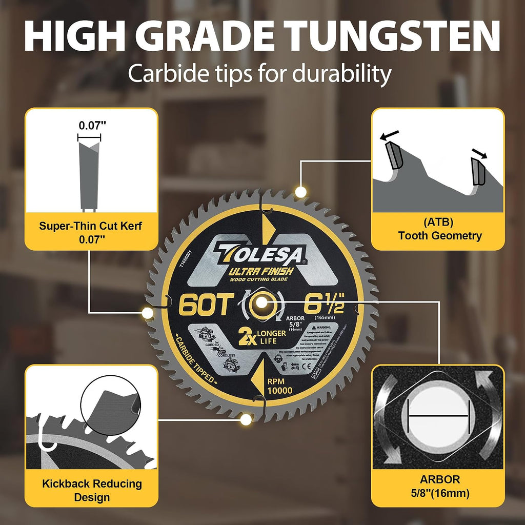 6 1/2 Circular Saw Blades, 60T for Wood and Plywood, 3-Pack | Tungsten Carbide Teeth, Super Thin Kerf, ATB Design