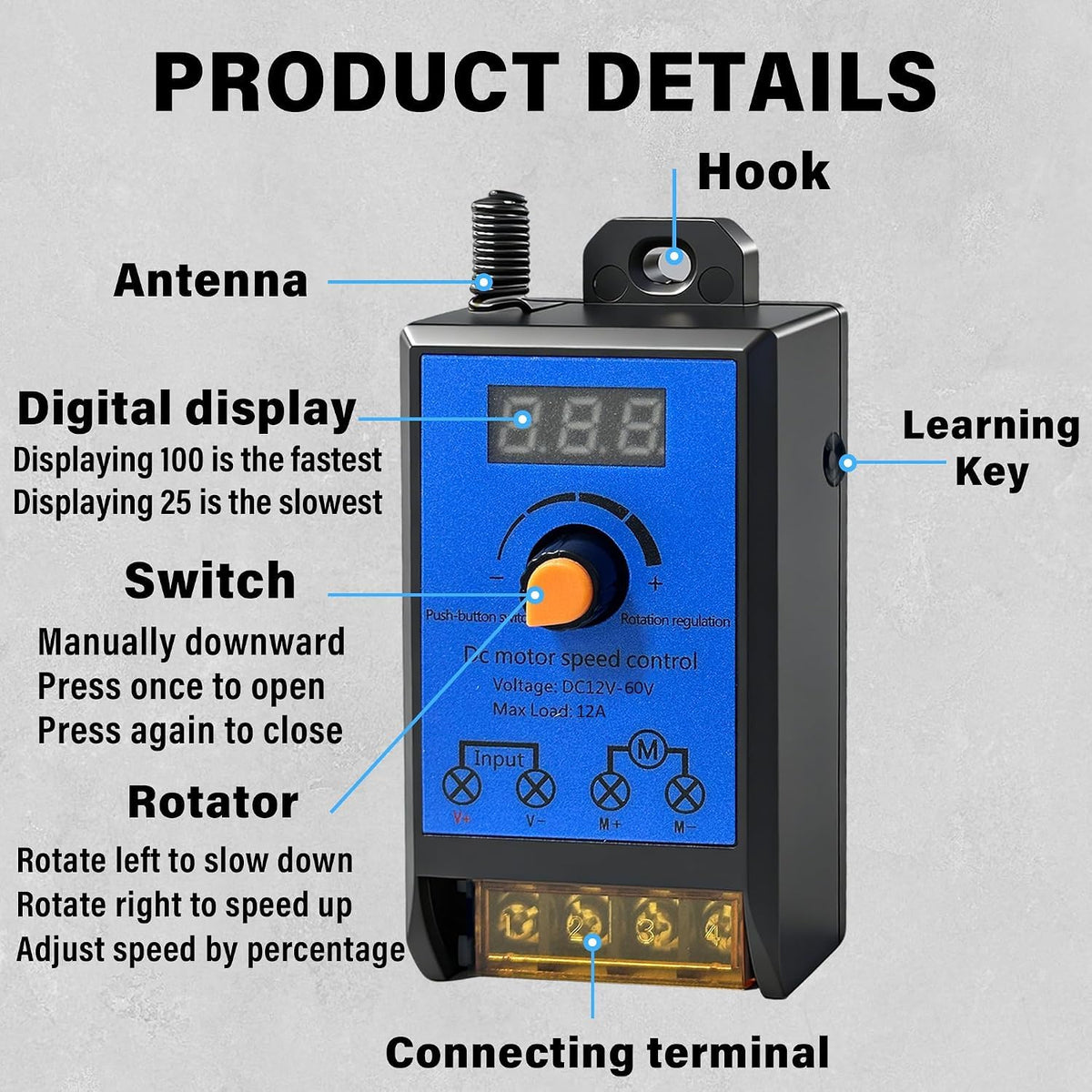 DC 12V-60V 12A PWM Motor Speed Controller w/ 2 Wireless Remotes