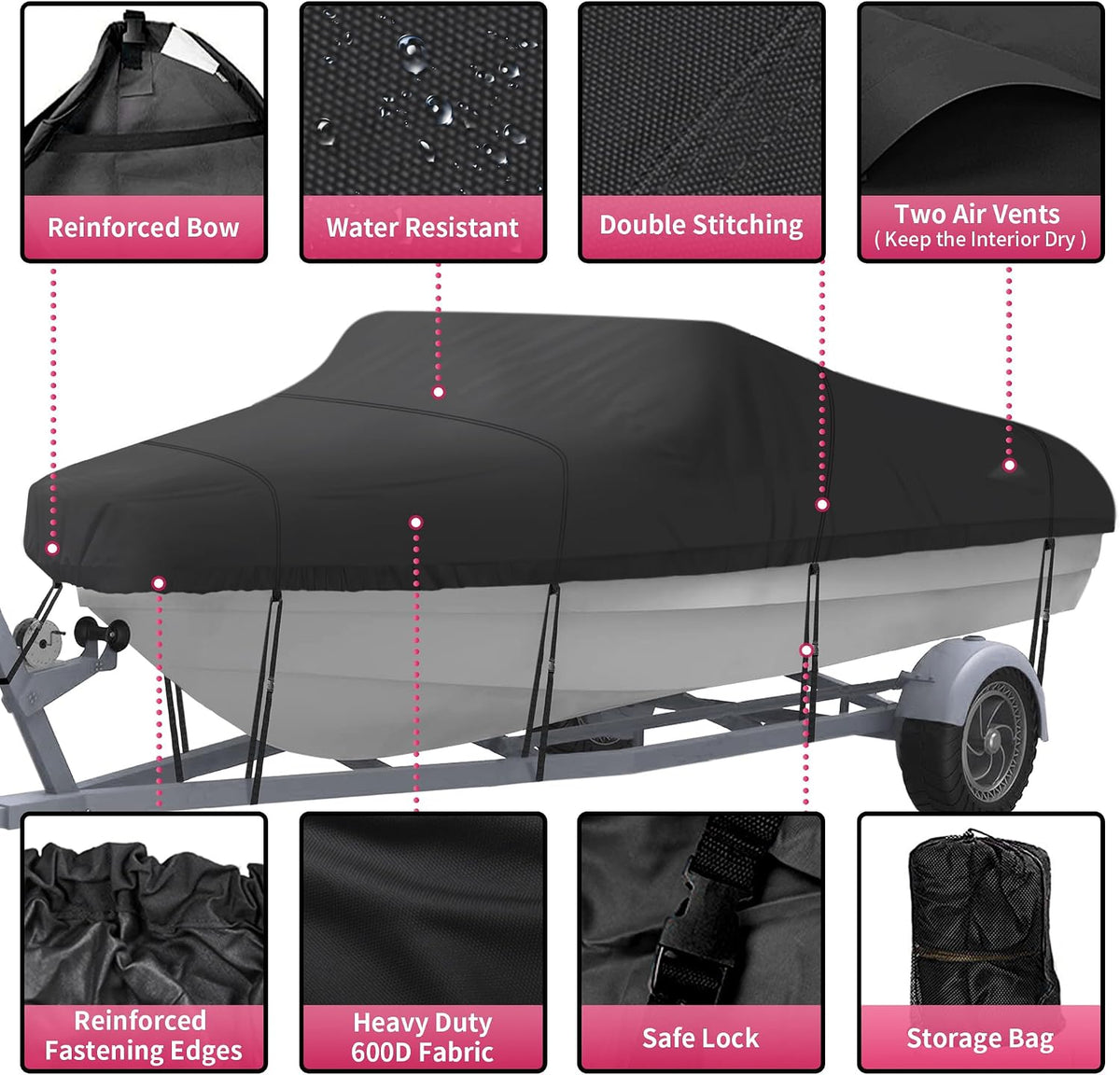 Trailerable Boat Cover, Length: 14’-16’ Beam Width: up to 90”, Waterproof Heavy Duty Cover, Fits V-Hull, TRI-Hull
