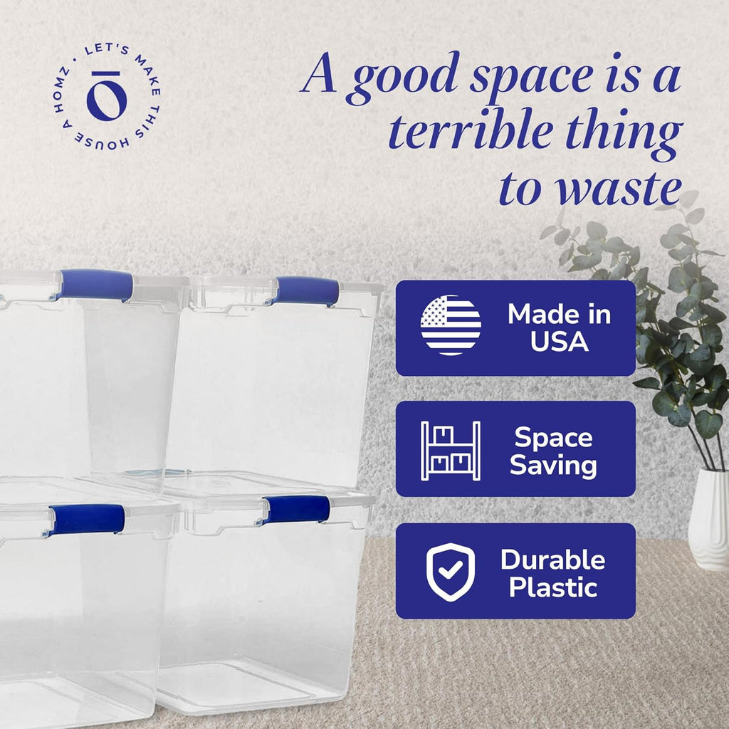 4-Pack 31 Quart Latching Lid, Clear Plastic Storage Organizer Bins, Blue – Stackable Containers for Home & Office