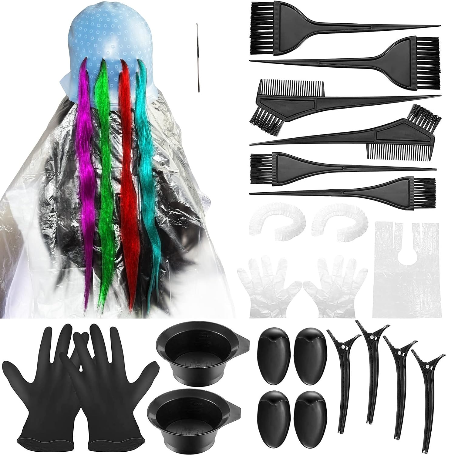 Silicone Highlight Caps for Color Hair 24 Pcs, Reusable Highlighting Caps with Hooks & Salon Hairdressing Dyeing