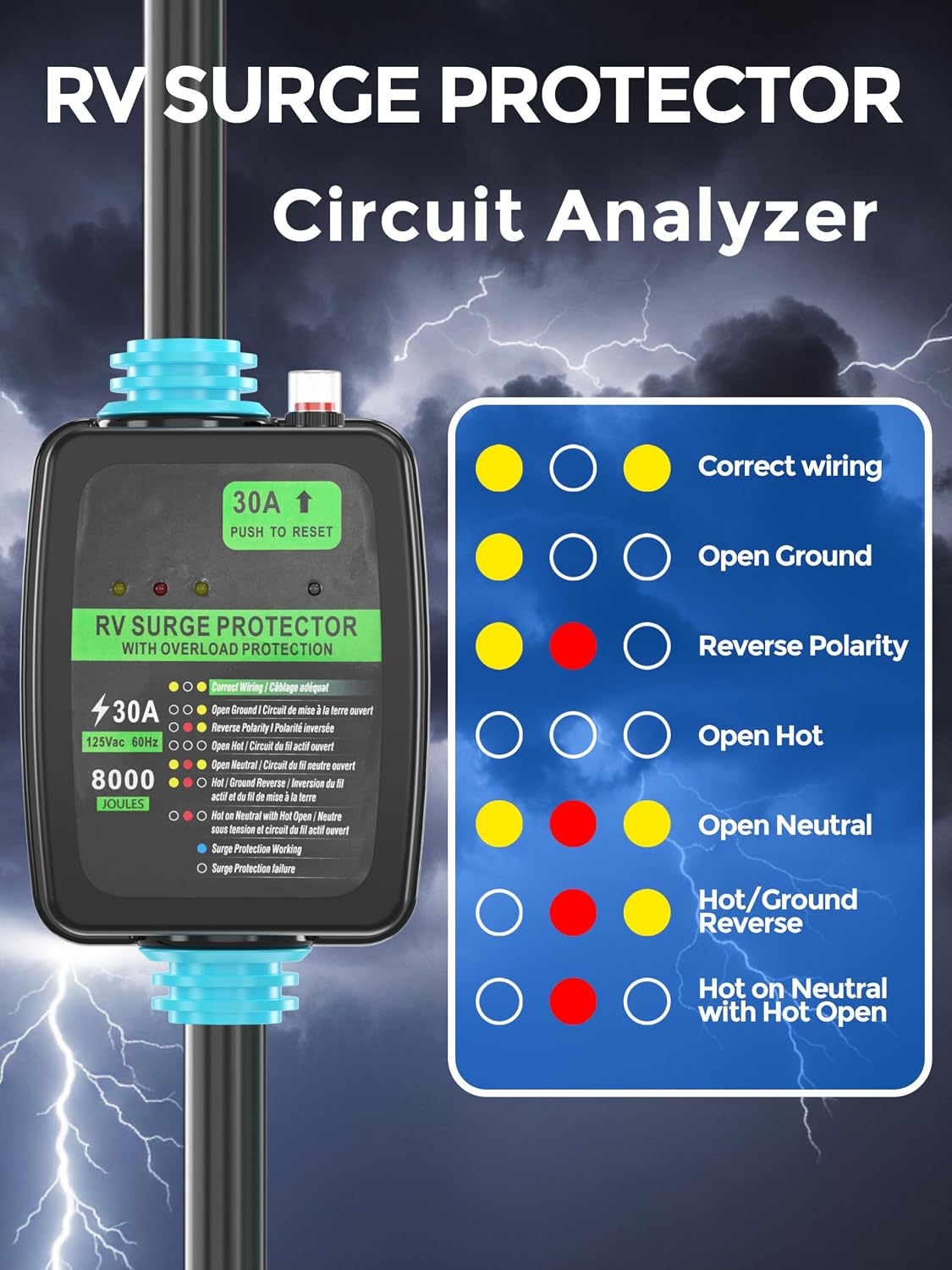 30 Amp RV Surge Protector Adapter Cord with Circuit Breaker | Circuit Analyzer, 8000 Joules, NEMA TT-30P Male to