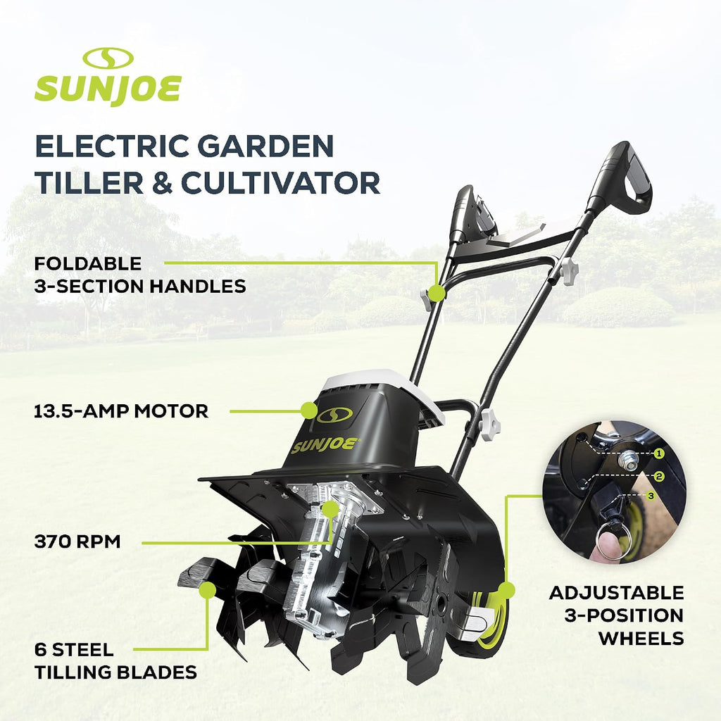 Corded Electric Garden Tiller & Cultivator with Steel Tines, 16", 13.5-Amp Motor - Heavy-Duty Tilling Machine for