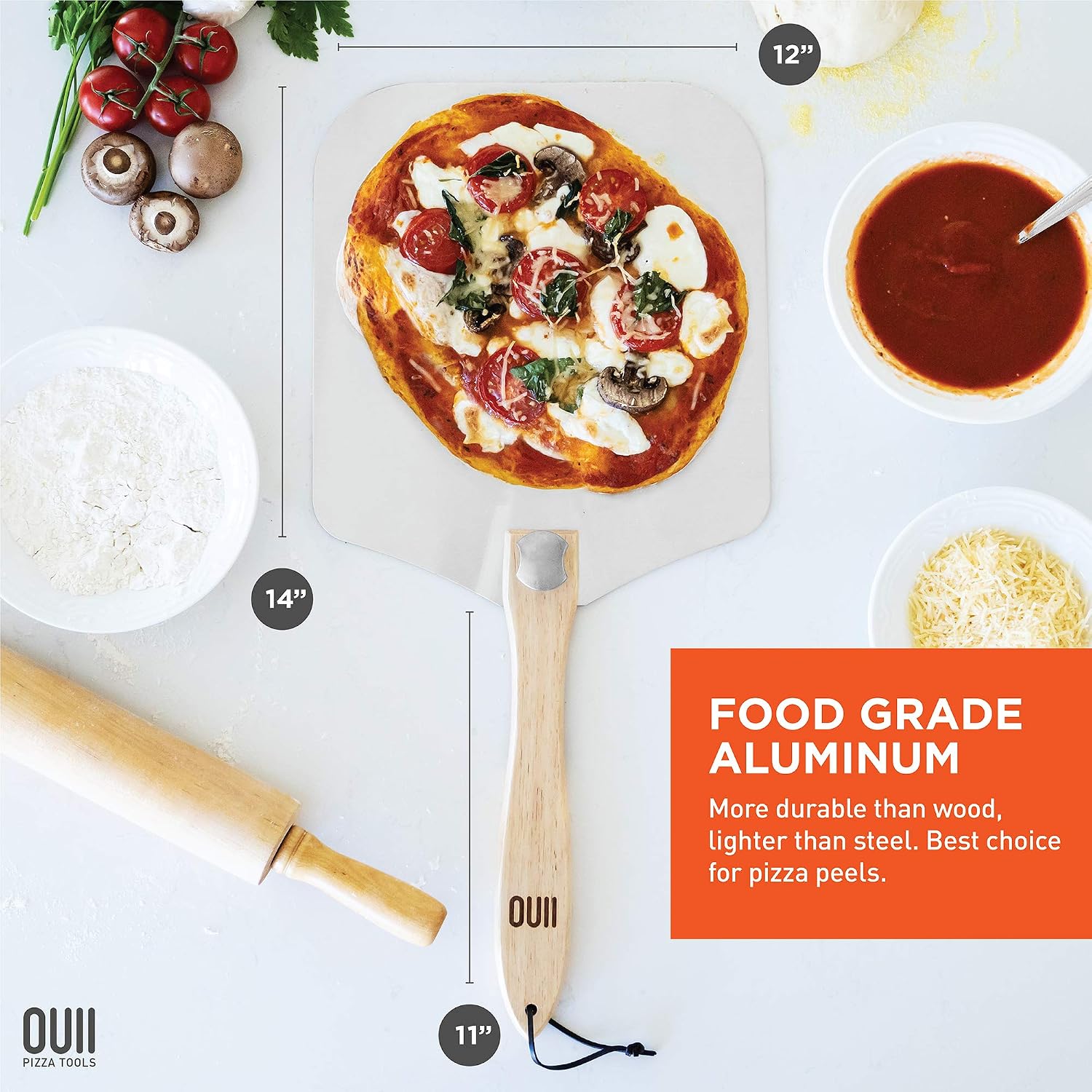Aluminum Pizza Peel Metal - 12 x 14 Inch. Pizza Spatula for Oven with Foldable Wood Handle. Pizza Oven Accessories