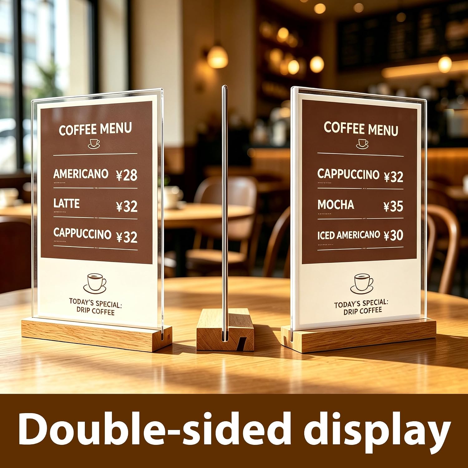 Acrylic Sign Holder with Wood Base, Dual Slot Design L/T Shape Tabletop Display Stand, Vertical Double-Sided & Slant