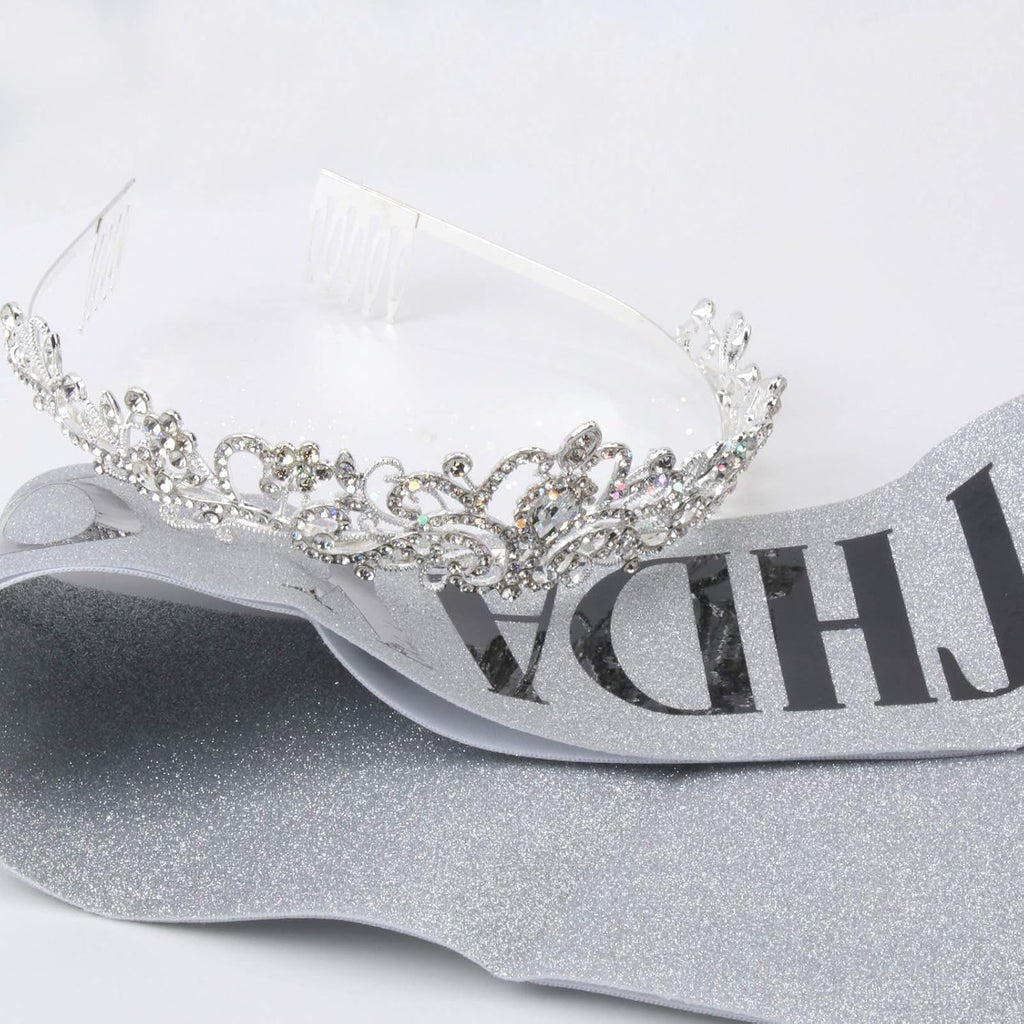 Silver Birthday Queen Sash for Women Tiara Crown Party Decorations | Happy Birthday Crowns for Adult Women, Party