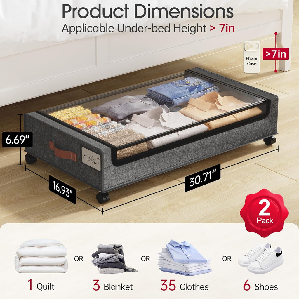 Under Bed Storage with Wheels, 2Pack Under Bed Storage Containers, Underbed Shoe Storage Organizer, Rolling Under Bed