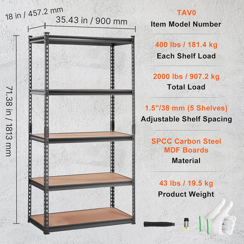 Storage Shelving Unit, 5-Tier Adjustable, 2000 lbs Capacity, Heavy Duty Garage Shelves Metal Organizer Utility Rack