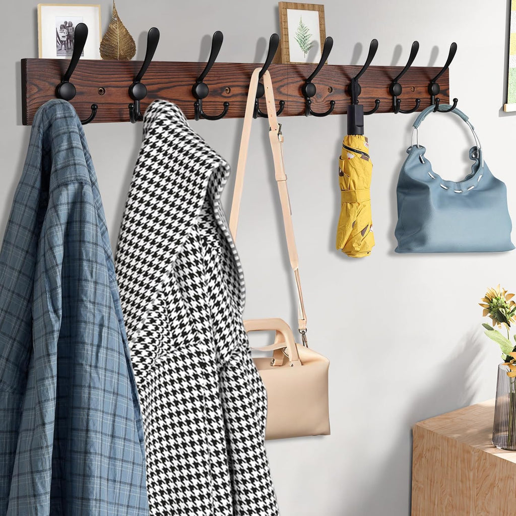 32.2'' Large Coat Rack Wall Mount Coat Hooks Coat Hanger with 8 Metal Black Triple- Hooks Brown Pine Real Wood Plank
