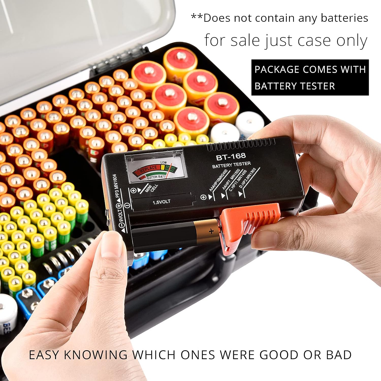 Battery Organizer Storage Case with Tester for 269 Batteries, Double Sides | Plastic, For AA AAA 4A C D Cell 9V 3V