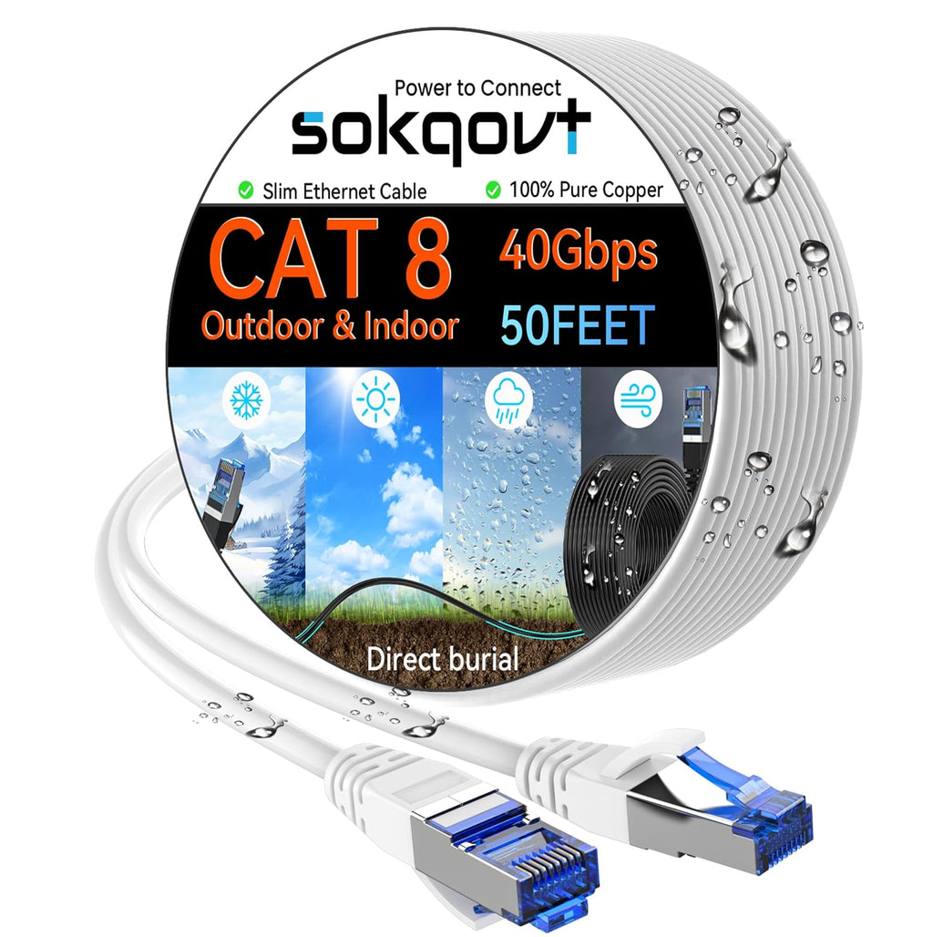 Cat 8 Ethernet Cable Slim 50ft Outdoor & Indoor, Pure Copper Cat8 Internet Cable for Waterproof & Direct Burial