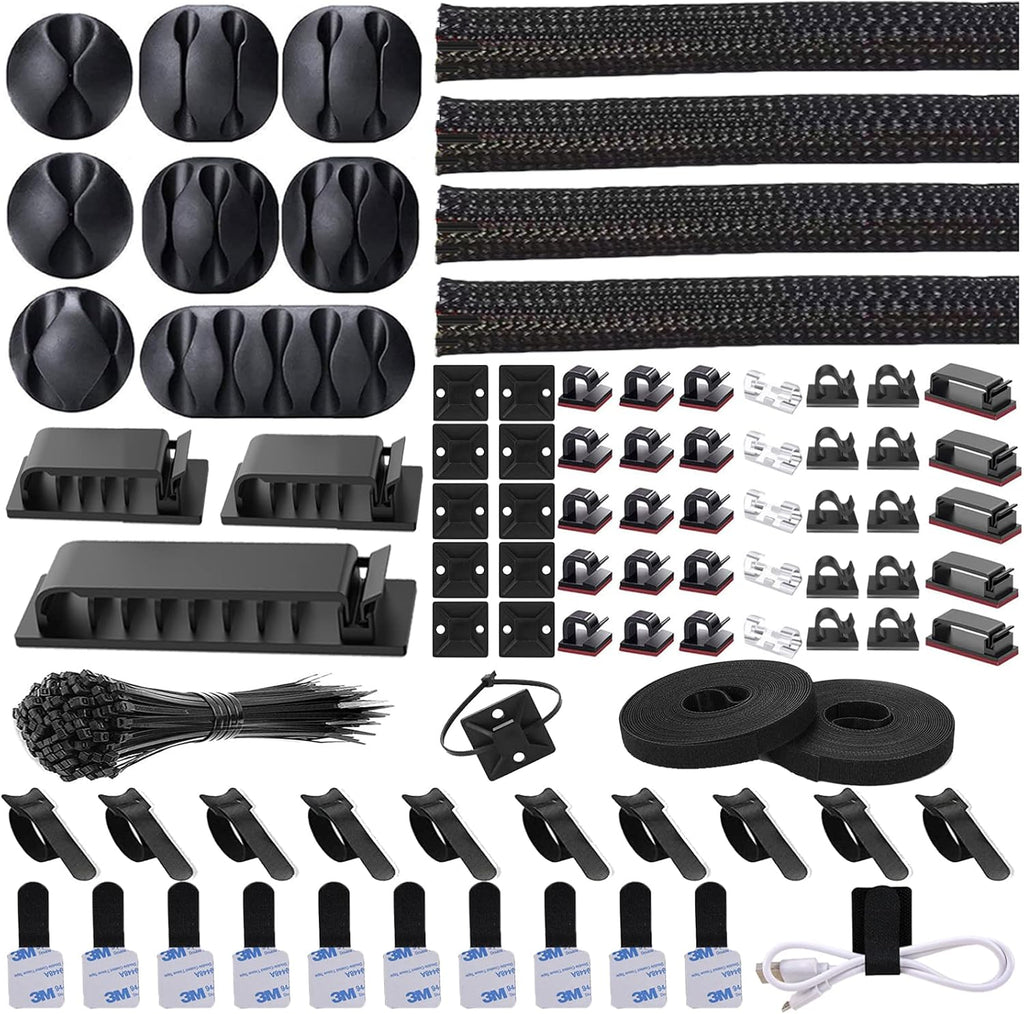 192 PCS Cable Management Kit 4 Wire Organizer Sleeve,11 Cable Holder,35Cord Clips 10+2 Roll Cable Organizer Straps